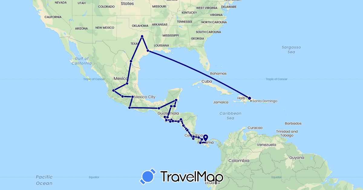 TravelMap itinerary: driving in Belize, Costa Rica, Dominican Republic, Guatemala, Honduras, Mexico, Nicaragua, Panama, El Salvador, United States (North America)